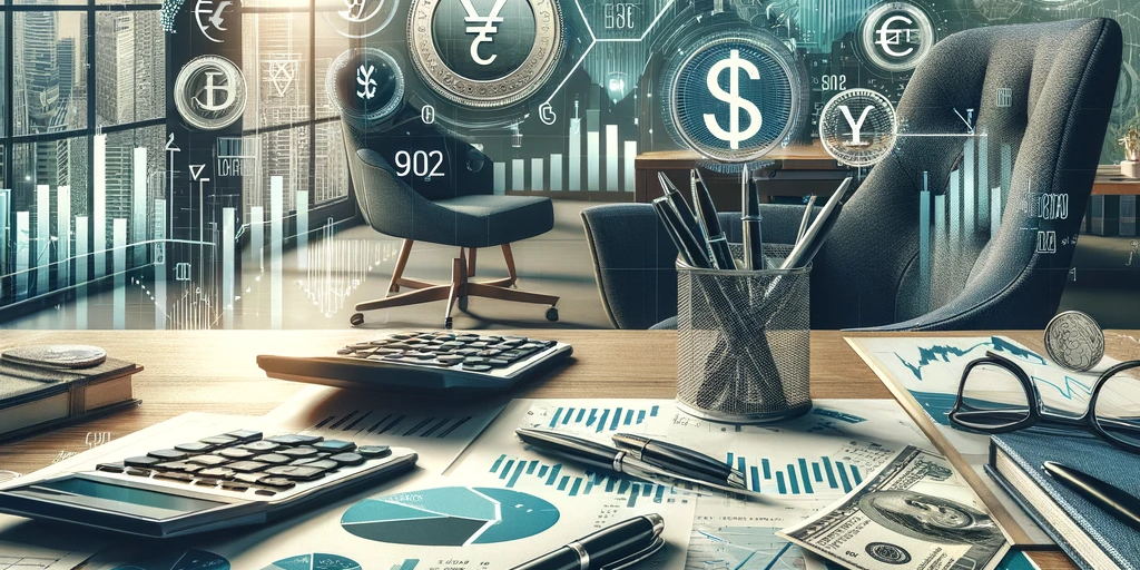 Desk with papers and pens in an office with floating currency symbols